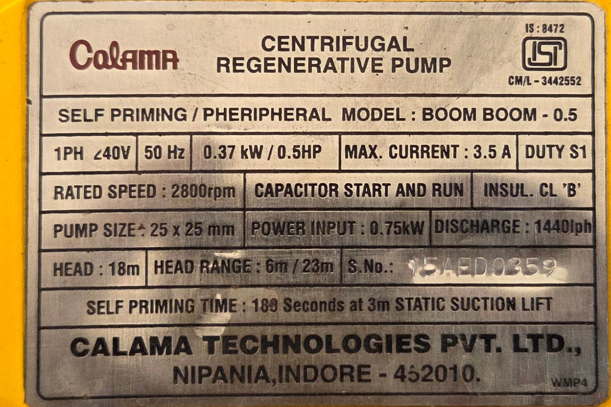 Calama Boom Boom 0.5 HP Self Priming Regenerative Pump 25x25 mm (1") | 240V | 18 m Head | ISI IS 8472