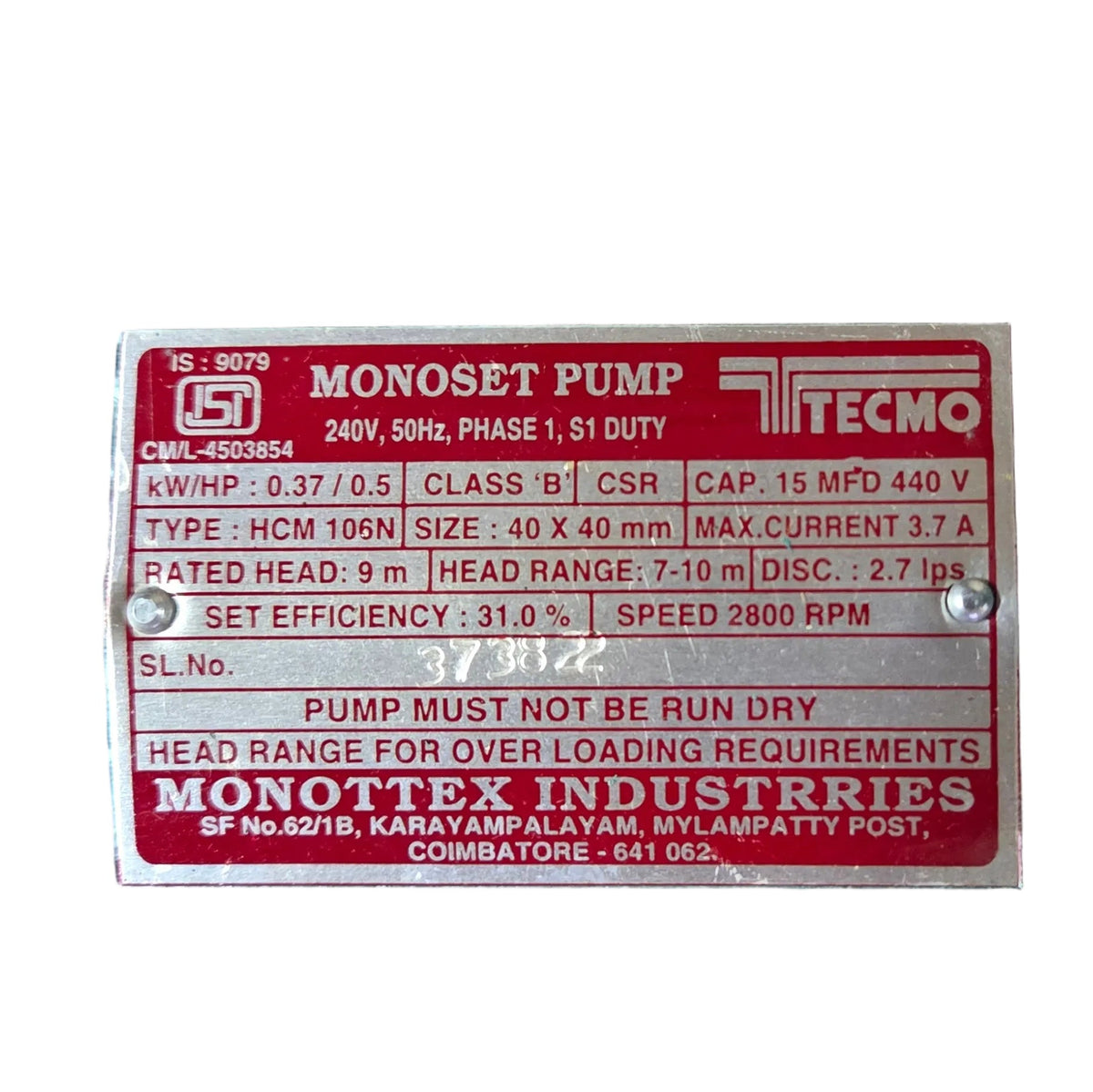 Tecmo 0.5 HP Monoset Pump 40x40 mm (1.5") | 240V Single Phase | ISI IS 9079 | High Discharge 9,700 LPH