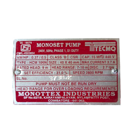 Tecmo 0.5 HP Monoset Pump 40x40 mm (1.5") | 240V Single Phase | ISI IS 9079 | High Discharge 9,700 LPH