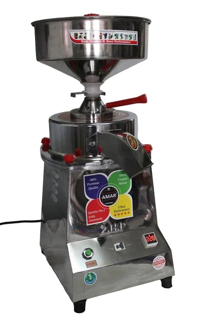 Stainless steel food processor with colorful labels on a white background